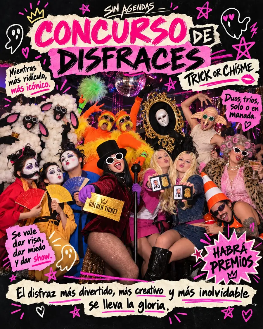 Cartel del Concurso de Disfraces de Trick or Chisme: mientras más ridículo, más icónico. Duos, tríos, solo o en manada. Habrá premios.